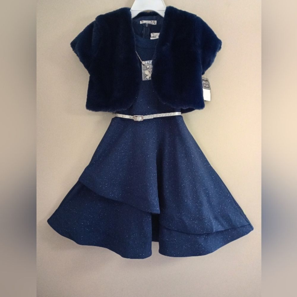 NWT 4 Pc Knitworks Navy Blue Shimmering Party Dress and Accessories Size 12